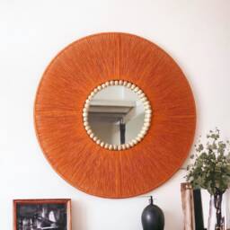 Orange Retro Mirror, Mid Century Modern, Jute Wall Hanging Bedroom Decor Gift, Halloween Decor, Living Room, Housewarming Gift - thumbnail 3