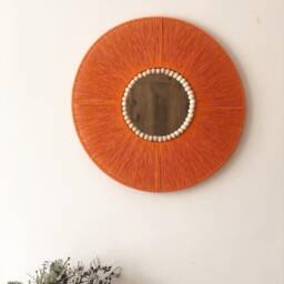 Orange Retro Mirror, Mid Century Modern, Jute Wall Hanging Bedroom Decor Gift, Halloween Decor, Living Room, Housewarming Gift - thumbnail 2