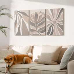 Canvas Set Of 3 Wall Art - Plant Patterns in Shades Beige & Brown, Print On Canvas, Plants Flowers Decor - thumbnail 1
