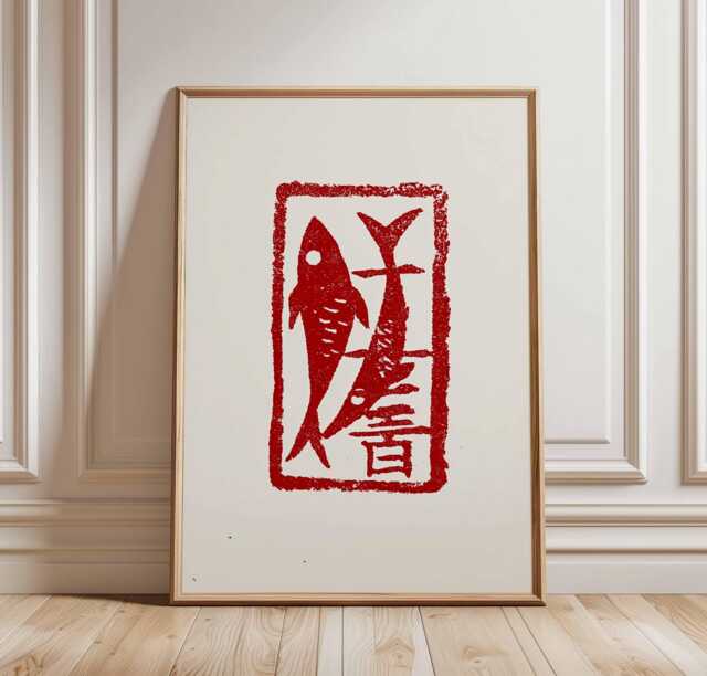 Red Abstract Japanese Fish Stamp Print, Poster, Minimalist Wall Art, Zen Artwork, Asian Bold Modern Wabi Sabi Print - image 1