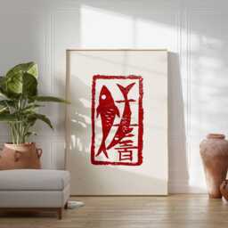 Red Abstract Japanese Fish Stamp Print, Poster, Minimalist Wall Art, Zen Artwork, Asian Bold Modern Wabi Sabi Print - thumbnail 3