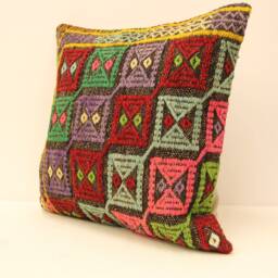 Ethnic Kilim Pillow, 20x20 Turkish Bohemian Carpet Handmade Lumbar, Boho Sham Cover, Sofa Throw Pillow 4Ef-82 - thumbnail 3
