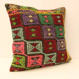 Ethnic Kilim Pillow, 20x20 Turkish Bohemian Carpet Handmade Lumbar, Boho Sham Cover, Sofa Throw Pillow 4Ef-82 - thumbnail 2