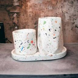 Terrazzo Concrete Bathroom Accessory Set Handmade Modern Tray, Toothbrush & Swab Holder - thumbnail 2