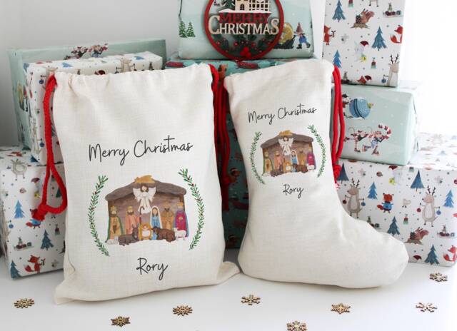 Nativity Scene Christmas Sack, Personalised Sack, Toy Eve Bag, Stocking, Manger Scene - image 1