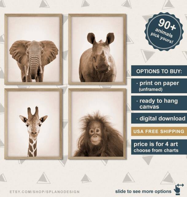 Safari Art For Nursery, African Animals Baby Shower Gift, Animal Print Set, Zoo Gift Sepia Tone, Decoration - image 1