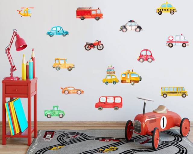 Watercolor Vehicle Wall Decals City Transport Nursery Decor - image 1