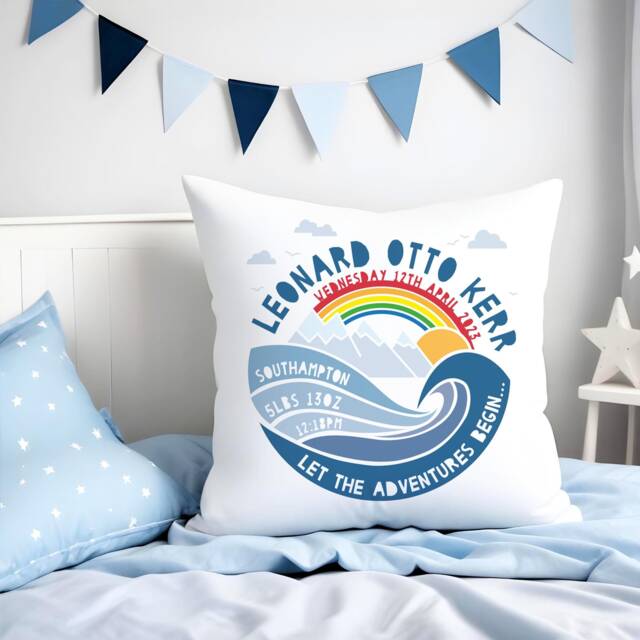 Personalised Mountain Adventure Nursery Cushion - Newborn, New Baby, First Birthday Gift, Available in Blue, Green & Natural - image 1