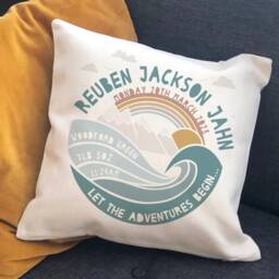 Personalised Mountain Adventure Nursery Cushion - Newborn, New Baby, First Birthday Gift, Available in Blue, Green & Natural - thumbnail 2