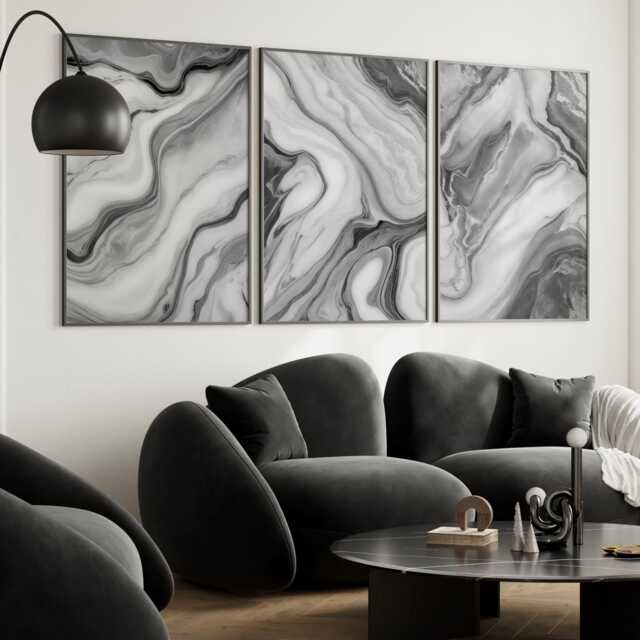 Black & White Wall Prints, Fluid Marble Set Of 3 Posters, Abstract Art, Bedroom Home Decor, Gallery 2886 - image 1