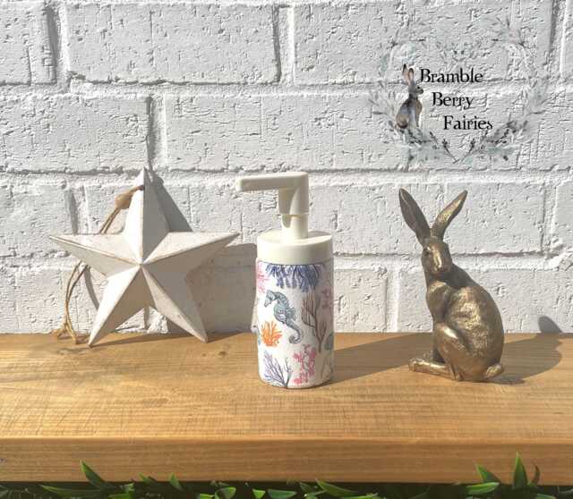 Soap Dispenser Hand Wash Beach Lighthouse Seaside Nautical Coast Sea Shells Star Fish Sand Dollar Decoupaged Glass Handmade - image 1