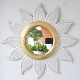 Peruvian Vintage Floral Sun Mirror 50 cm Handmade Wall Decor - Carved Wood Round Statement For Living Room Bathroom