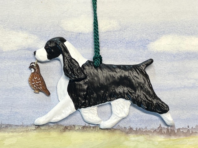 English Springer Spaniel with Quail Charm. Black & White.spaniel Art Dog Breed Ornament - image 1