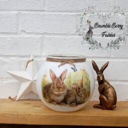 Glass Vase Beautiful Rabbits Bunny Bunnies Watercolour Decoupaged Decorative Handmade - thumbnail 3