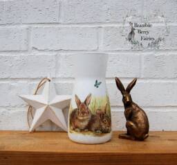 Glass Vase Beautiful Rabbits Bunny Bunnies Watercolour Decoupaged Decorative Handmade - thumbnail 1