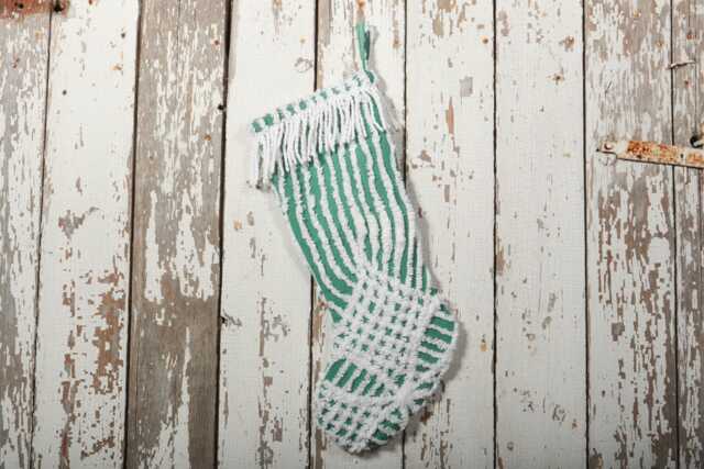 Fluffy Green & White Vintage Chenille Christmas Stocking With Matching Cuff - Wedding Ring, Flower - image 1