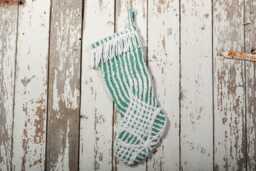 Fluffy Green & White Vintage Chenille Christmas Stocking With Matching Cuff - Wedding Ring, Flower - thumbnail 1