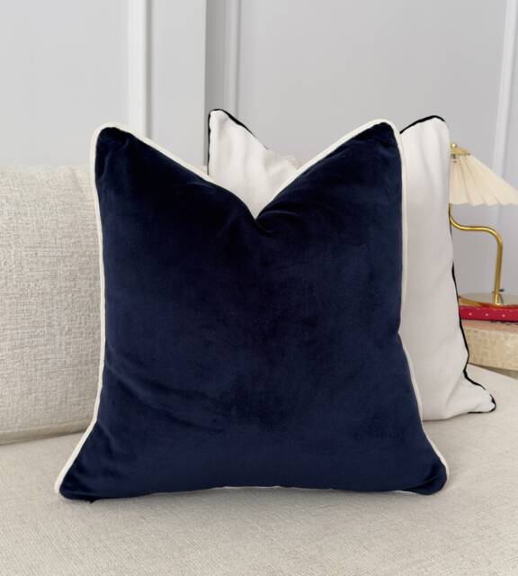Velvet Navy Blue Cushion Cover With White Piping Decorative Scatter Pillow - All Sizes - image 1
