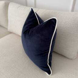 Velvet Navy Blue Cushion Cover With White Piping Decorative Scatter Pillow - All Sizes - thumbnail 3