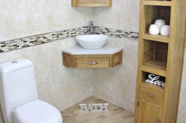 Bathroom Vanity Unit Oak Corner Wash Stand White Marble & Ceramic Basin 501Wwmcbc - image 1