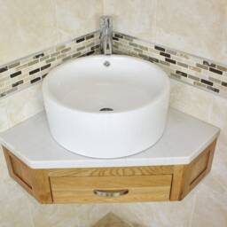 Bathroom Vanity Unit Oak Corner Wash Stand White Marble & Ceramic Basin 501Wwmcbc - thumbnail 3