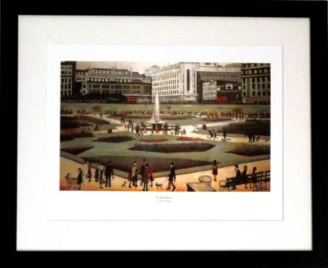 L S Lowry Authentic Art Print - Piccadilly Gardens Satin Black Frame With White Mount & Textured Image - image 1
