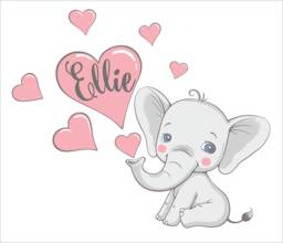 Elephant With Hearts Personalized Repositionable Fabric Wall Decal For Nursery, Girl's, Boy's Room Or Playroom, Kid's Decor