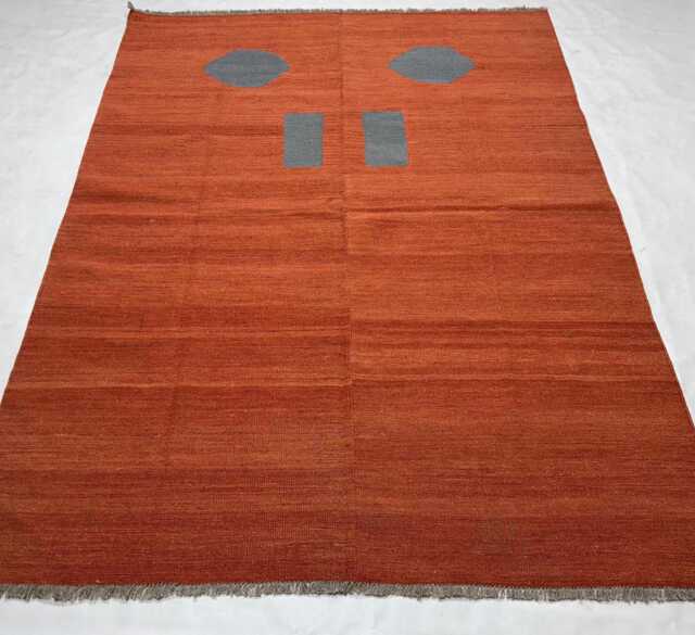 Handmade Wool Flatweave Kilim Rug Orange Geometric Minimalist Decor - image 1