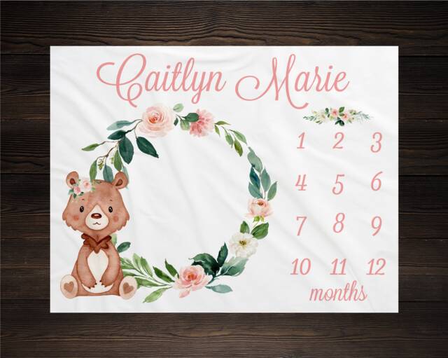 Woodland Bear, Girl Milestone Blanket, Personalized, Monthly Growth Tracker, Custom Baby Shower Gift, Floral Newborn Nursery - image 1