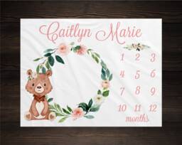 Woodland Bear, Girl Milestone Blanket, Personalized, Monthly Growth Tracker, Custom Baby Shower Gift, Floral Newborn Nursery
