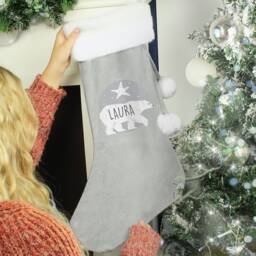 Personalised Polar Bear Luxury Silver Grey Stocking - Bear Stocking Christmas Mummy Daddy Snowman Santa - thumbnail 1