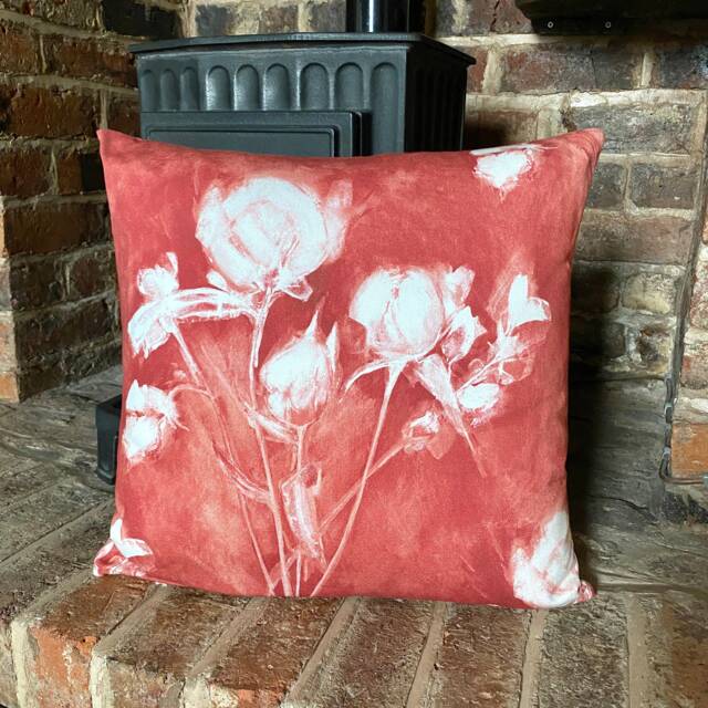 500. Watercolours Flowers On Red 100% Cotton Cushion Cover. Various Sizes