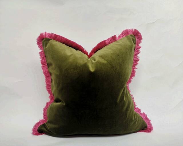 Moss Velvet Throw Pillow Covers - Green & Pink Fringe Cushions Modern Home Decor - image 1