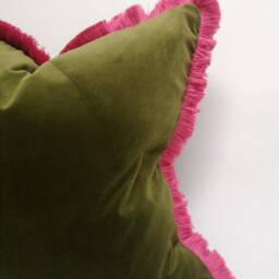 Moss Velvet Throw Pillow Covers - Green & Pink Fringe Cushions Modern Home Decor - thumbnail 3