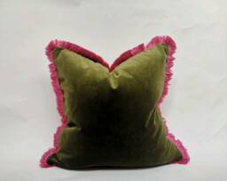 Moss Velvet Throw Pillow Covers - Green & Pink Fringe Cushions Modern Home Decor - thumbnail 1