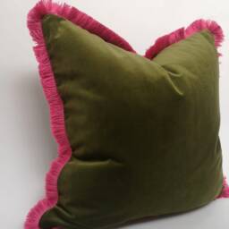 Moss Velvet Throw Pillow Covers - Green & Pink Fringe Cushions Modern Home Decor - thumbnail 2