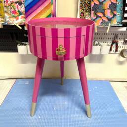 Pink Striped Bedside Table. Glitter Top, Stripe Nightstand, Colourful End Table , Taller Legs, Crown Handle, Queen - thumbnail 1