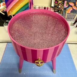 Pink Striped Bedside Table. Glitter Top, Stripe Nightstand, Colourful End Table , Taller Legs, Crown Handle, Queen - thumbnail 2