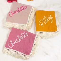Personalized Baby Blanket, Custom Embroidered Name, Soft Cotton Newborn Swaddle, Shower & Christening Gift, With Tassels For Boys Girls - thumbnail 3