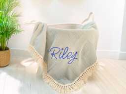 Personalized Baby Blanket, Custom Embroidered Name, Soft Cotton Newborn Swaddle, Shower & Christening Gift, With Tassels For Boys Girls - thumbnail 1