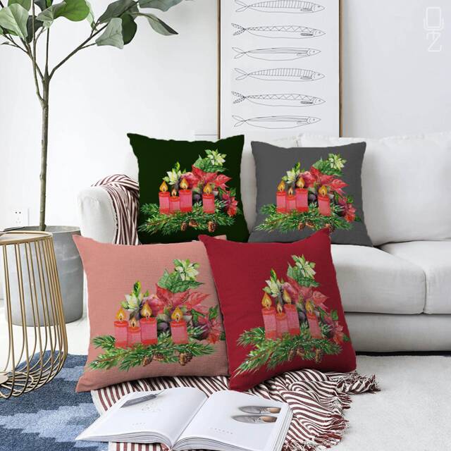Christmas Pillow Covers With 4 Options - Red Candles Inside Flowers, Leaves & Pinecones, Double Sided On The Chenille Different Sizes - image 1