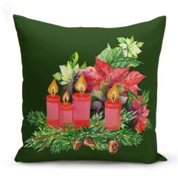 Christmas Pillow Covers With 4 Options - Red Candles Inside Flowers, Leaves & Pinecones, Double Sided On The Chenille Different Sizes - thumbnail 2