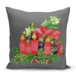 Christmas Pillow Covers With 4 Options - Red Candles Inside Flowers, Leaves & Pinecones, Double Sided On The Chenille Different Sizes - thumbnail 3