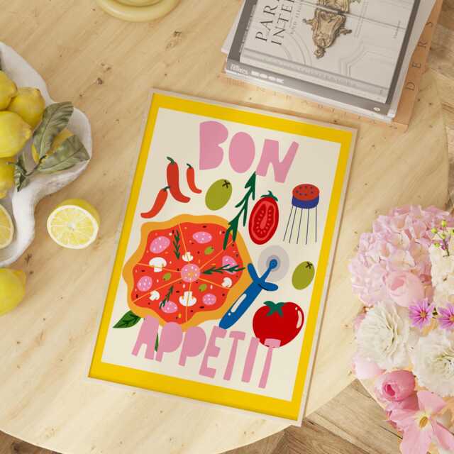Bon Appetit Print, Pizza Pink Kitchen Art, Dining Room Wall Pasta Trendy Gallery Dopamine Decor - image 1
