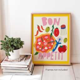 Bon Appetit Print, Pizza Pink Kitchen Art, Dining Room Wall Pasta Trendy Gallery Dopamine Decor - thumbnail 2