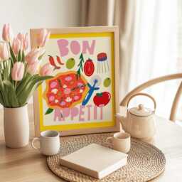 Bon Appetit Print, Pizza Pink Kitchen Art, Dining Room Wall Pasta Trendy Gallery Dopamine Decor - thumbnail 3