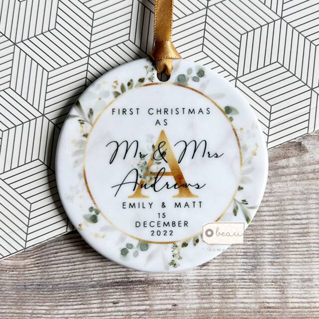 Personalised First Christmas Married Mr Mrs Newlywed Botanical Greenery Design Ceramic Or Acrylic Round Ornament Keepsake