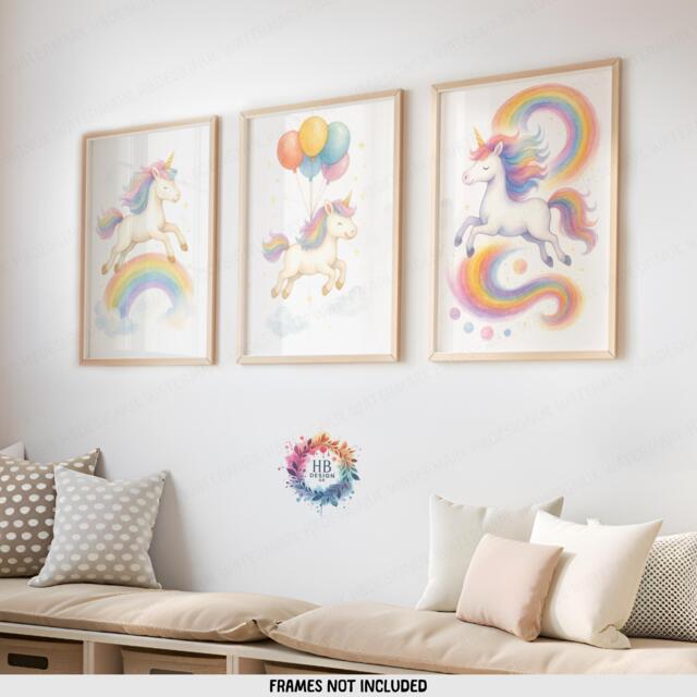 Unicorn Nursery Decor - Set Of 3 - Girl Bedroom Prints Rainbow Unicorns Wall Art Posters - image 1