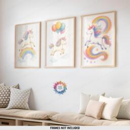 Unicorn Nursery Decor - Set Of 3 - Girl Bedroom Prints Rainbow Unicorns Wall Art Posters - thumbnail 1
