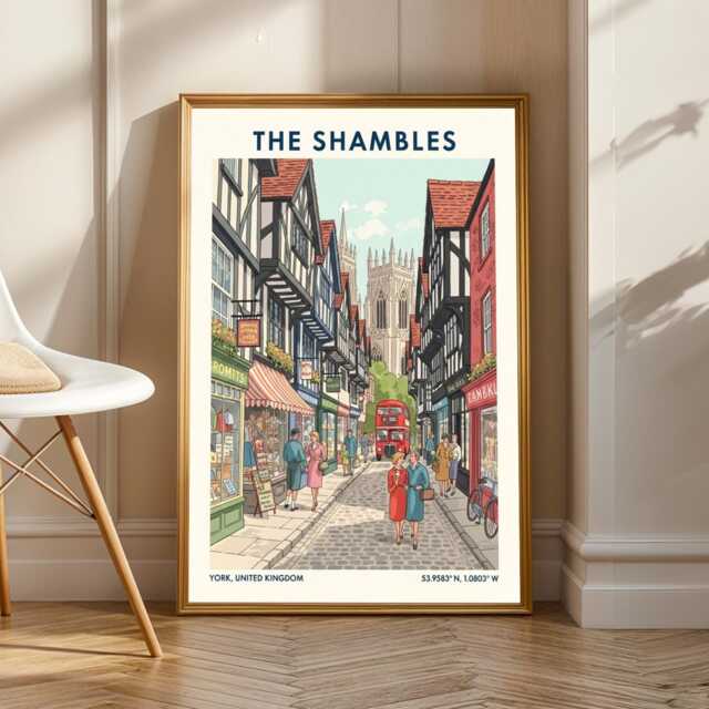 York Shambles Vintage Travel Poster Red, Blue & Green UK Cityscape - image 1